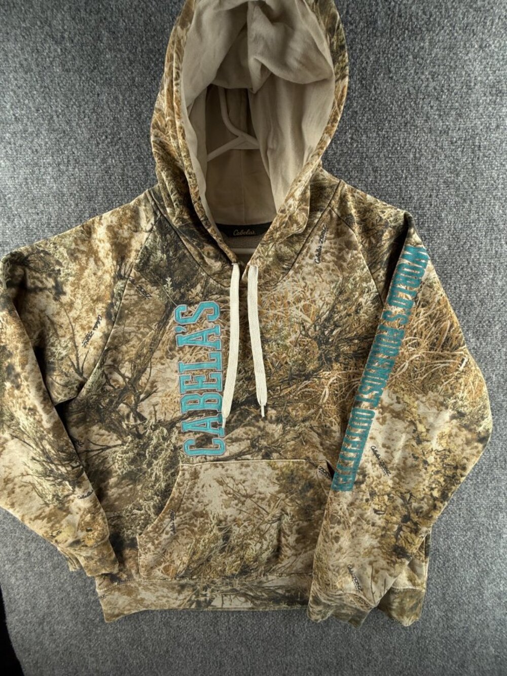 Cabelas Camo Hoodie Women Camouflage Blue Embroidered Logo Medium Fleece Hunting